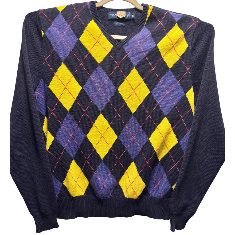 Vintage Polo Ralph Lauren Argyle Sweater Men M Blue Excellent V-Neck Cotton Knit